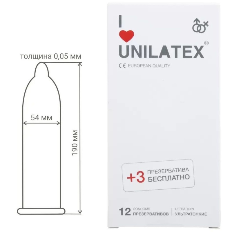 UNILATEX Презервативы ультратонкие 12шт+3шт